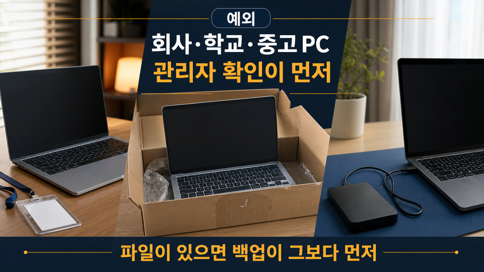 회사 지급 PC, 조직 등록이 남은 중고 PC, 백업이 먼저인 상황을 구분해 보여주는 본문 이미지