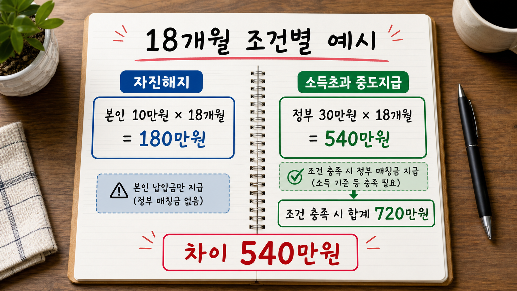 월 10만원 18개월 적립 시 본인 적립금 180만원과 정부 매칭 540만원을 나눠 계산하는 장면