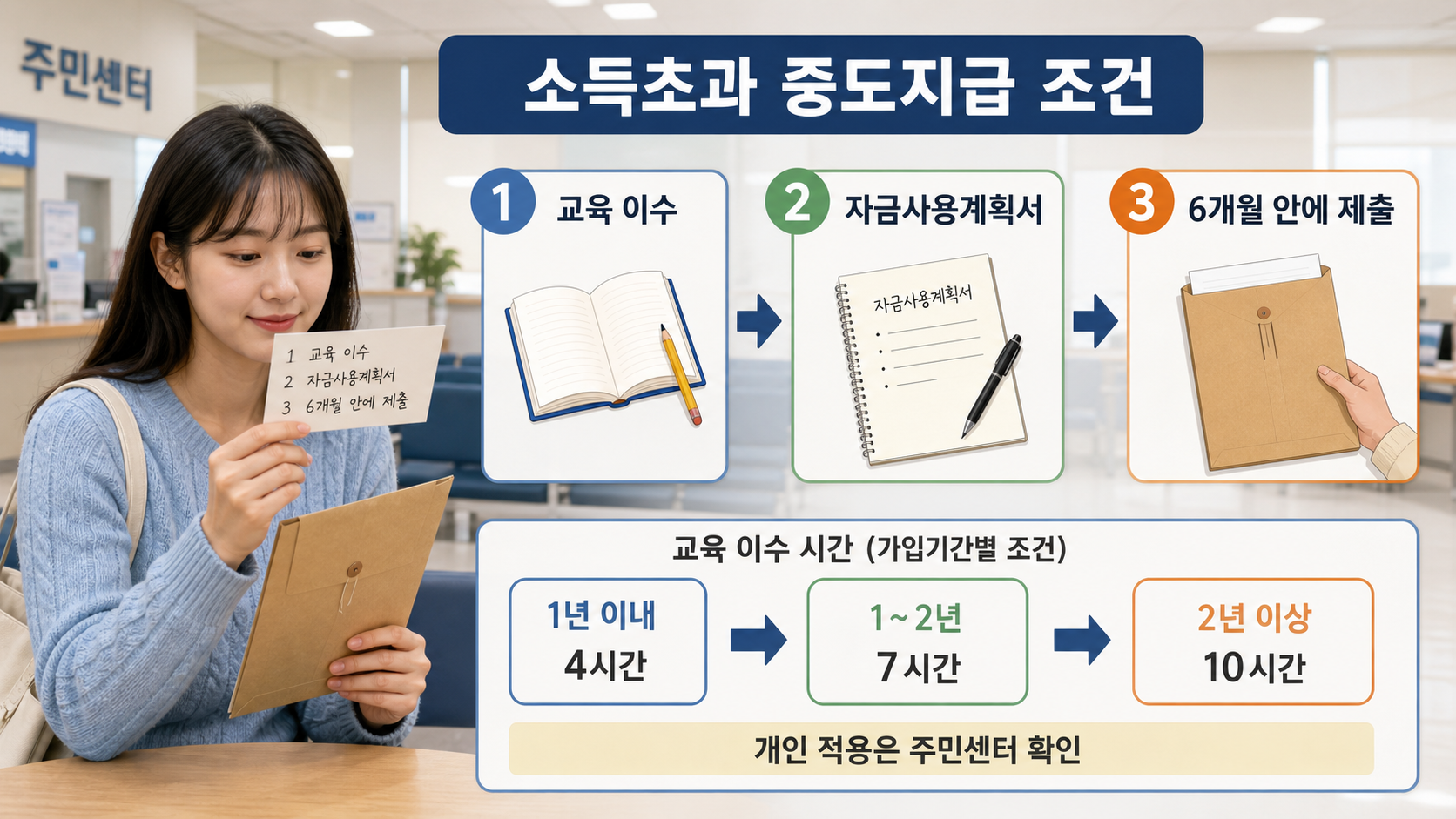 소득 초과 중도지급 서류를 6개월 안에 접수하기 위해 교육 이수 시간과 기한을 확인하는 장면