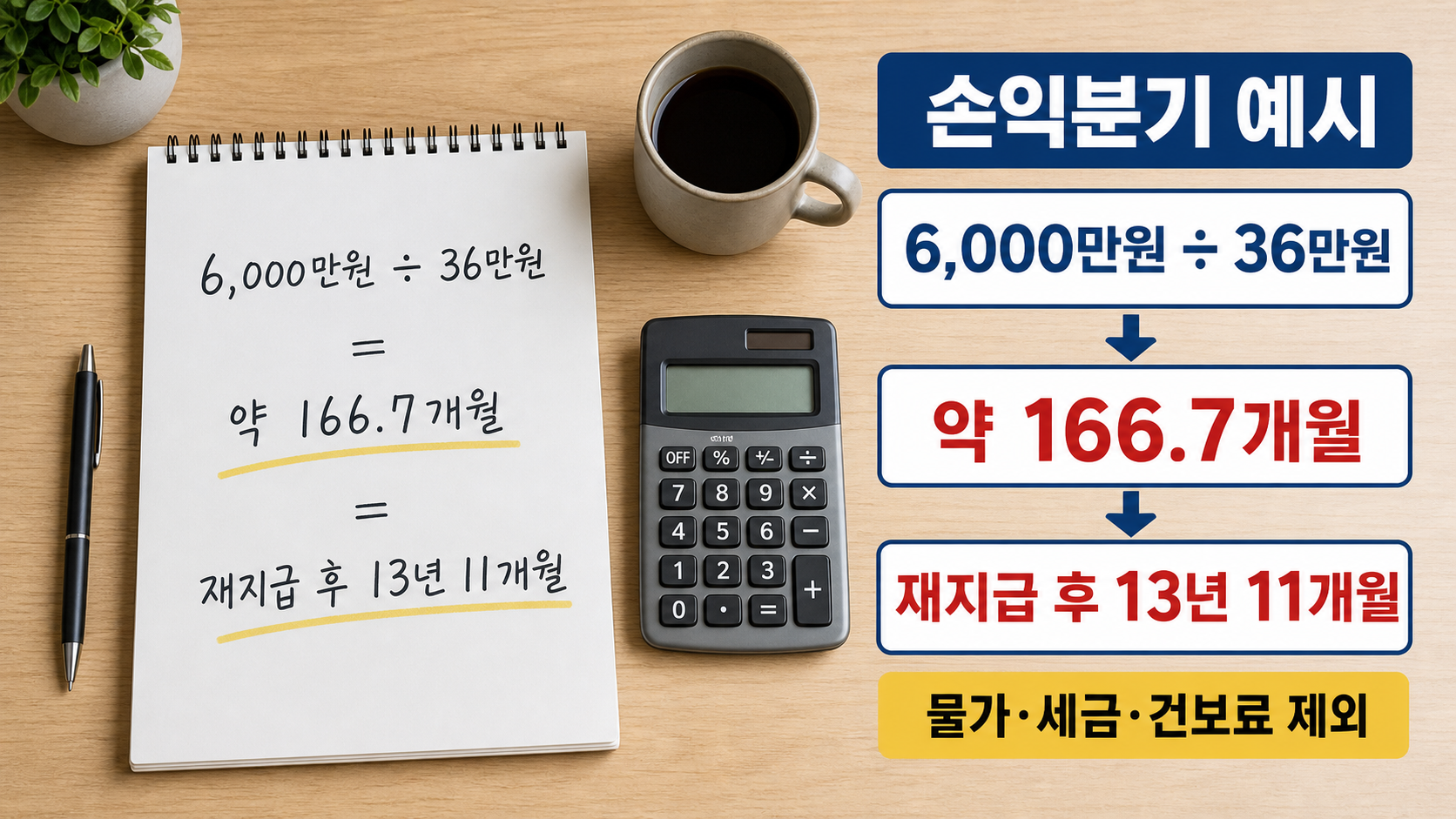 5년 연기 시 못 받는 6천만원을 월 36만원으로 회수하는 데 걸리는 개월 수 계산 과정