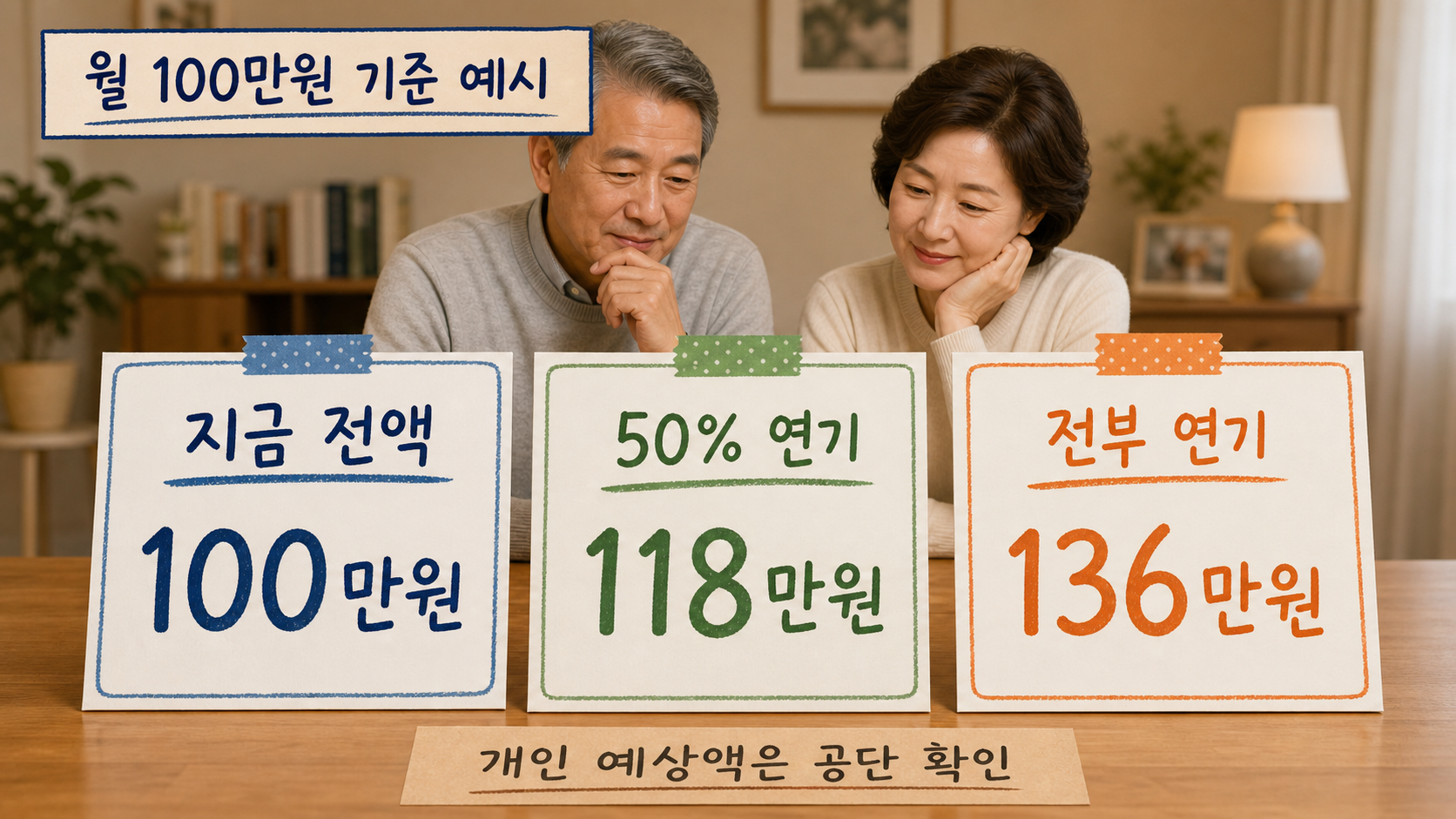 지금 전액 수령, 50% 연기, 전부 연기의 월 수령액을 비교하는 선택 장면