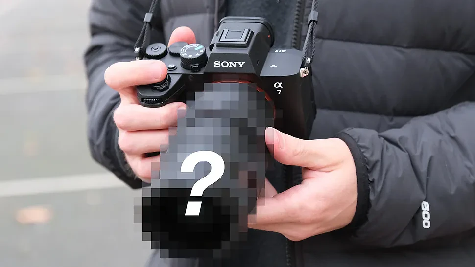 Sony A7 V with pixelated lens, with question mark over the lens