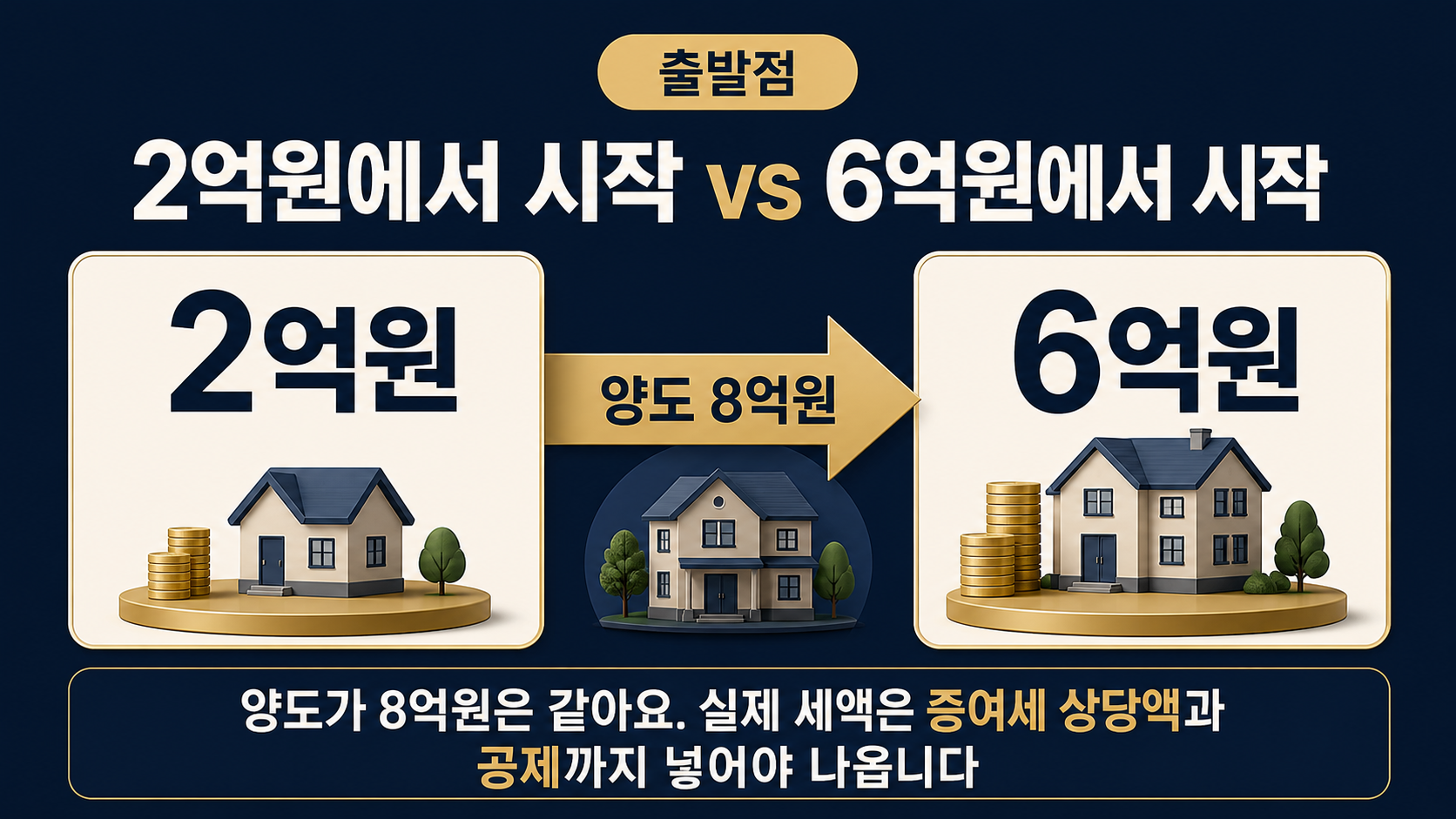 양도가 8억원이 같아도 이월과세 적용 시 2억원, 제외 시 6억원에서 차익 계산이 시작된다는 비교 이미지