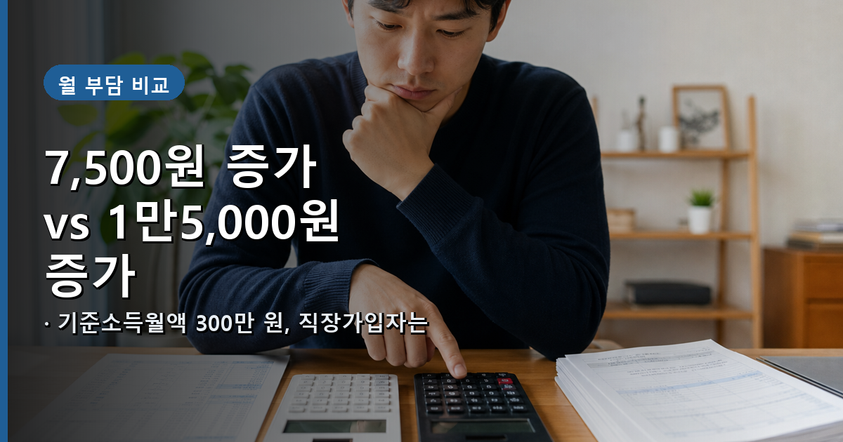 기준소득월액 300만 원일 때 직장가입자와 지역가입자의 2025년·2026년 월 보험료 비교