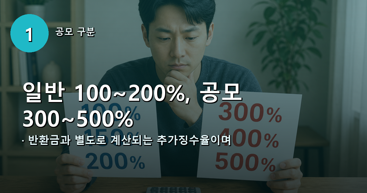 일반 부정수급 100·150·200%와 사업주 공모 300·400·500% 추가징수율 비교 이미지