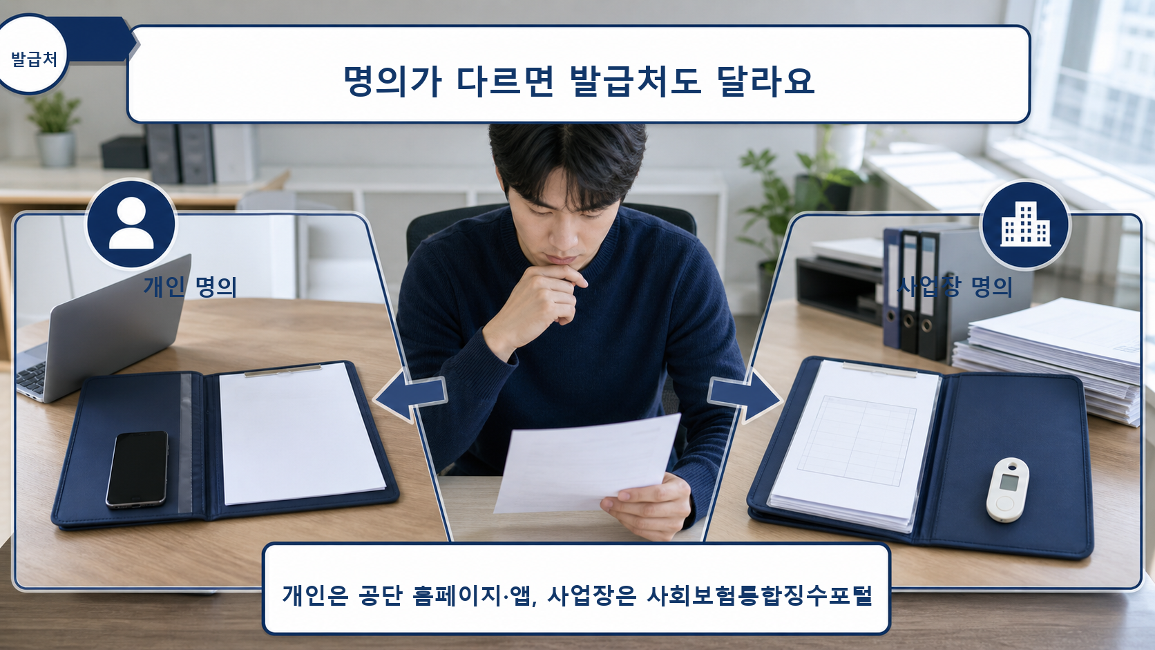 개인은 국민건강보험공단, 사업장은 사회보험통합징수포털을 이용하는 발급처 비교 이미지