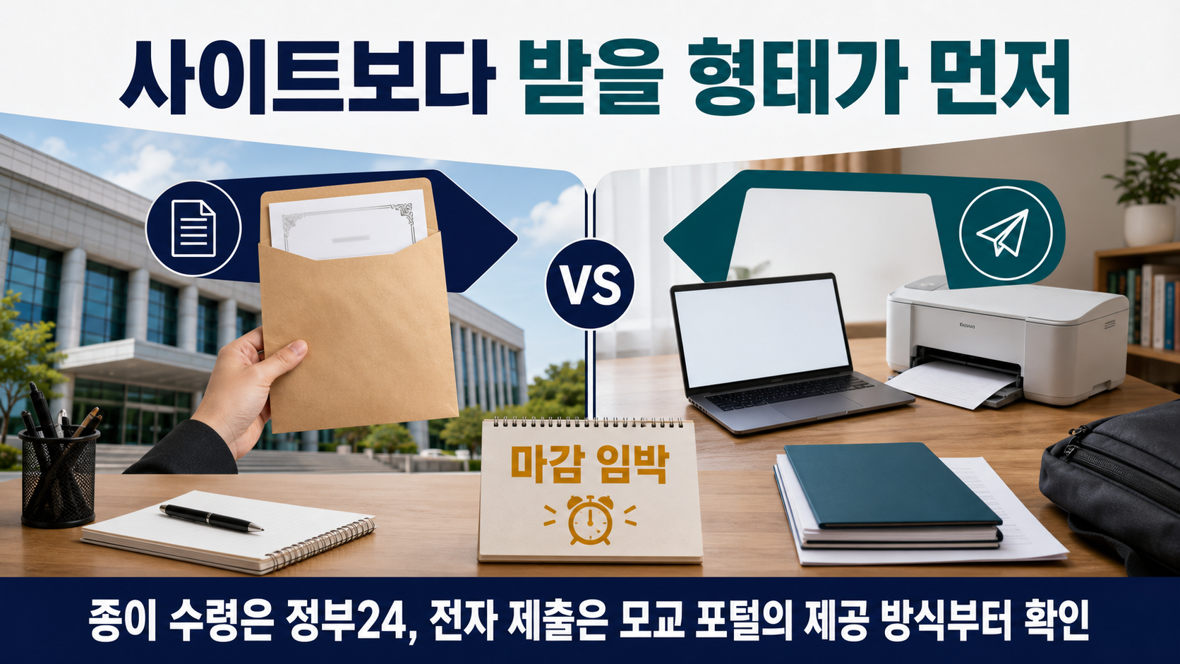 대학 증명서가 종이로 필요한지 전자 제출로 필요한지에 따라 정부24와 모교 포털을 비교하는 이미지