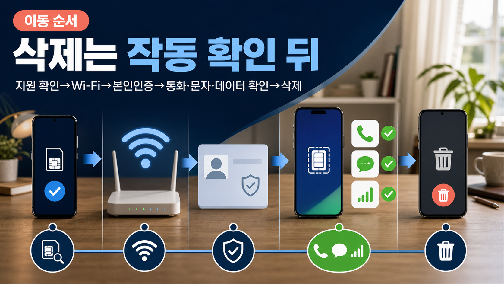 새 휴대폰으로 eSIM을 옮긴 뒤 통화·문자·데이터를 확인하고 기존 eSIM을 삭제하는 순서 이미지
