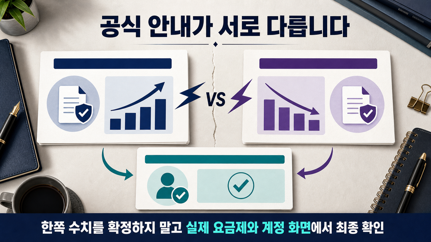 서로 다른 두 공식 안내와 현재 요금제·계정 화면을 차례로 대조하는 비교