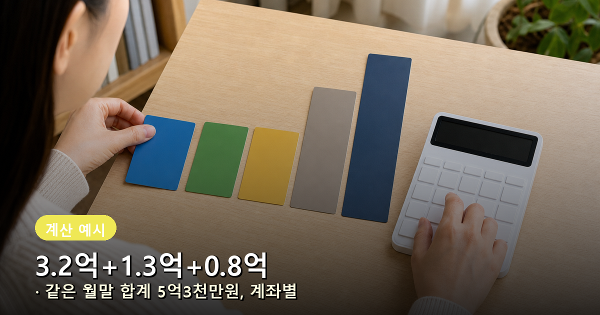 해외 증권계좌 3억2천만원, 해외 예금 1억3천만원, 해외 가상자산계좌 8천만원을 합산해 5억3천만원이 되는 계산 예시