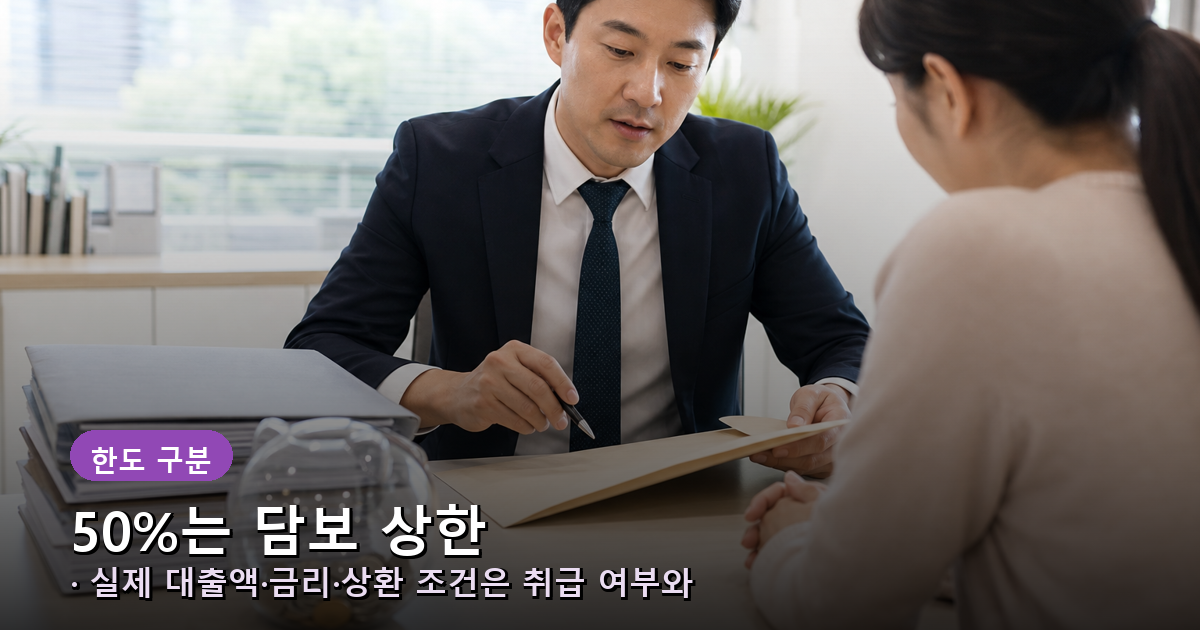 적립금의 50%는 법정 담보 상한이고 실제 대출 가능액은 별도 심사라는 차이를 보여주는 비교 이미지