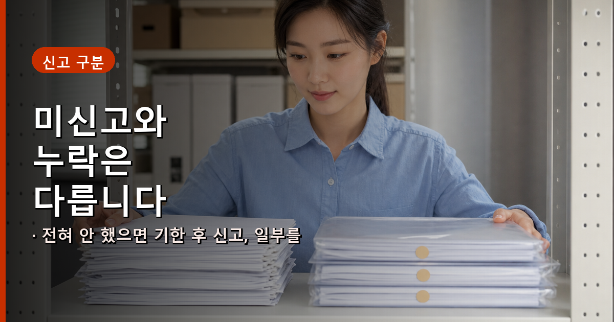 미신고는 기한 후 신고, 일부 누락은 수정신고로 구분하는 안내 이미지