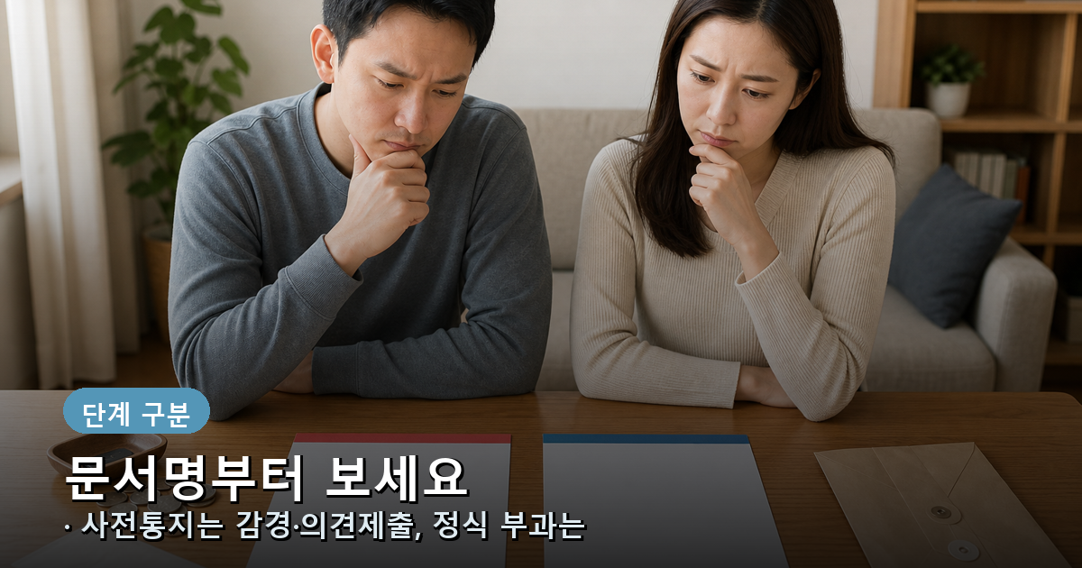 사전통지와 정식 과태료 부과통지에 따라 대응 방법이 달라지는 과정을 보여주는 이미지