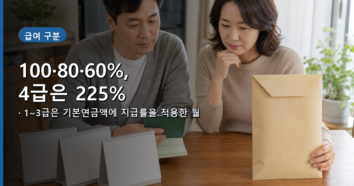 국민연금 장애연금 1급 100%, 2급 80%, 3급 60% 월 연금과 4급 225% 일시보상금을 비교한 이미지