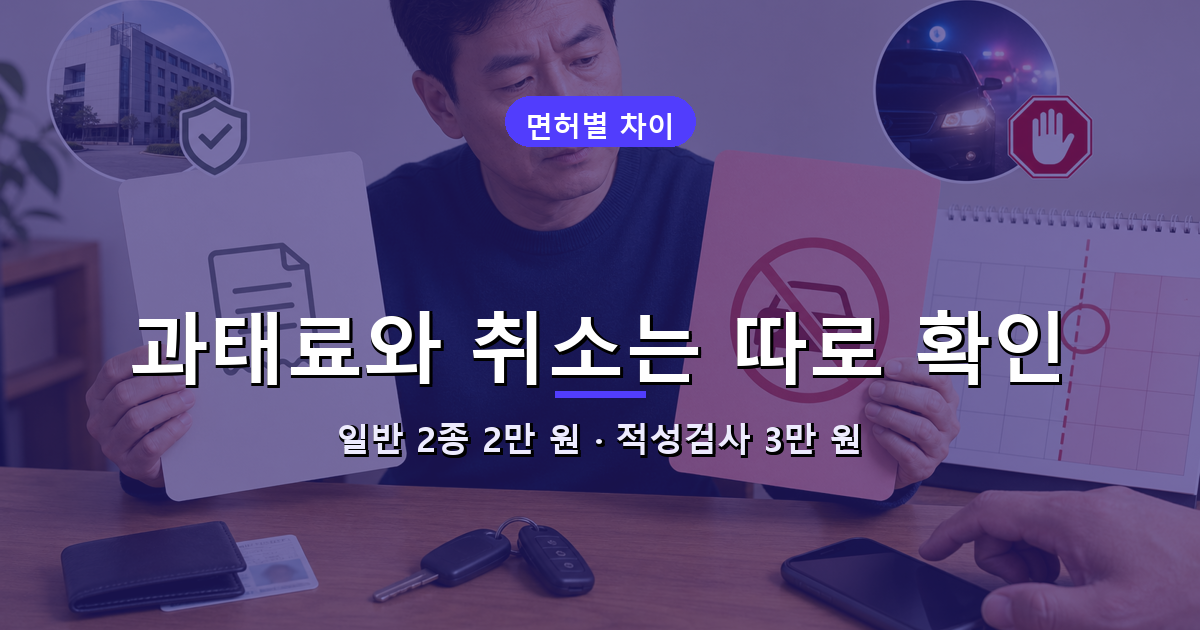 일반 2종과 적성검사 대상 면허의 과태료 및 1년 경과 취소 기준을 비교한 이미지