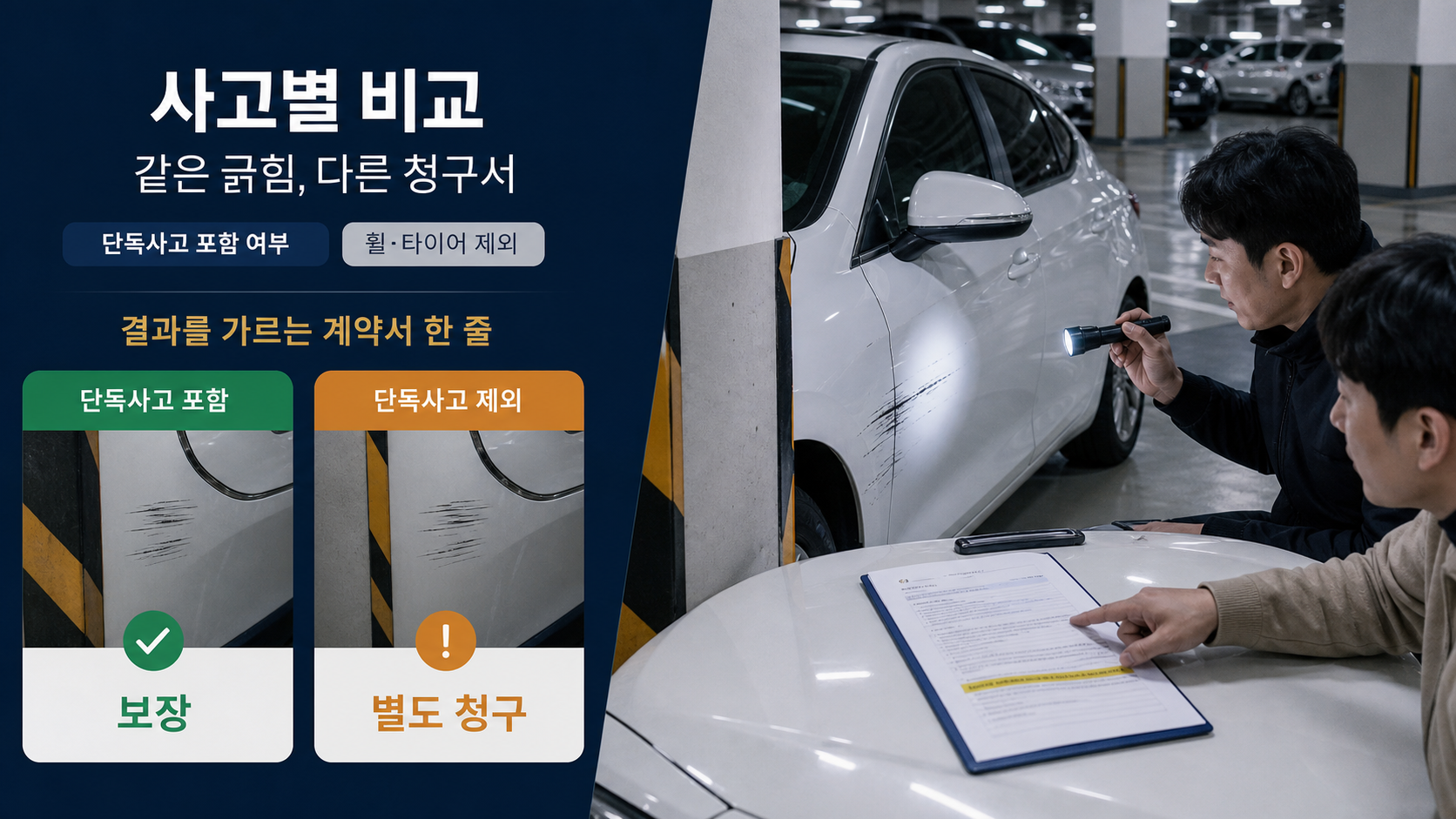 지하주차장 단독사고 현장에서 긁힌 부위와 계약서의 보상 제외 항목을 대조하는 비교 이미지