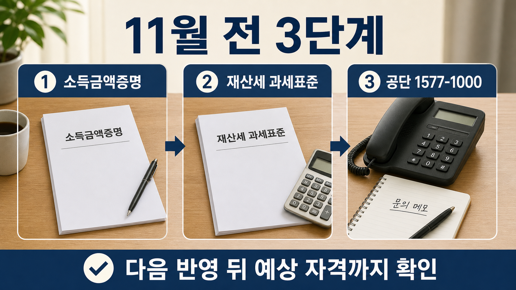 소득금액증명, 재산세 과세표준, 공단 전화 상담으로 이어지는 세 단계 확인 순서를 보여주는 이미지