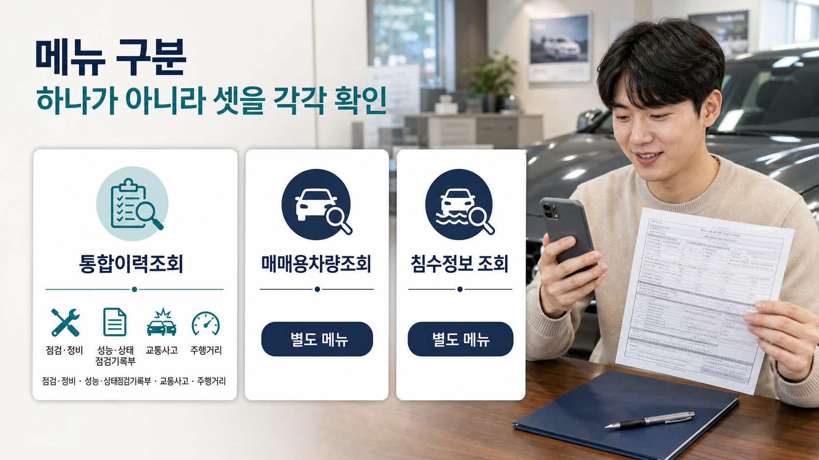 자동차365의 조회 메뉴 세 개를 각각 눌러 확인하는 장면