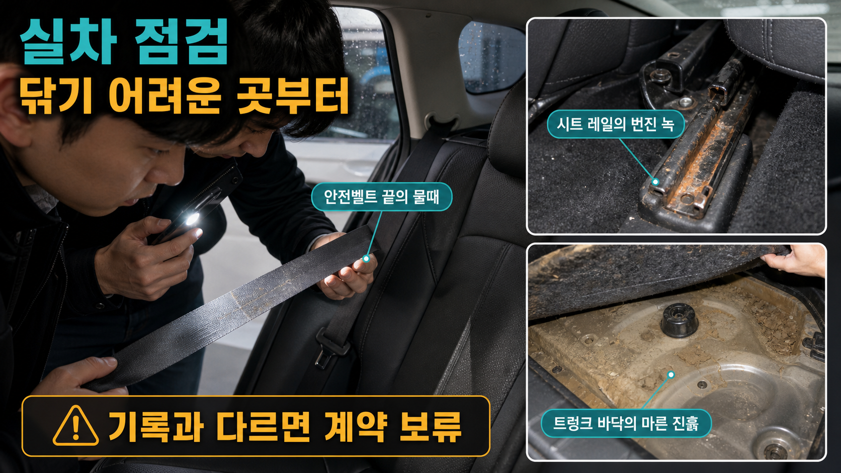 안전벨트 안쪽과 시트 레일의 흔적을 불빛으로 확인하는 실차 점검 장면