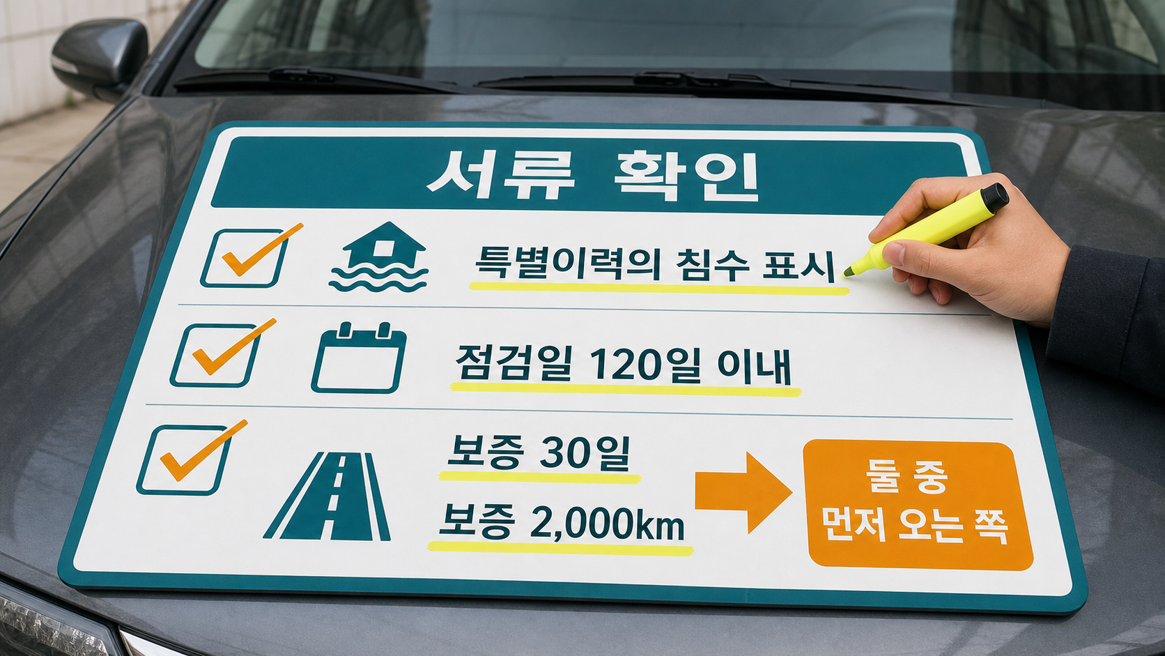 성능·상태점검기록부의 점검일과 보증 칸을 표시해 확인하는 장면