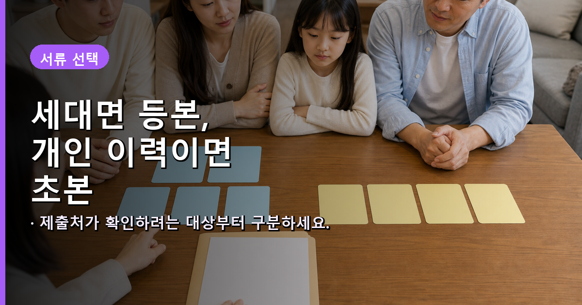 세대 확인에는 등본, 개인 주소나 병역 이력 확인에는 초본을 선택하는 비교 이미지