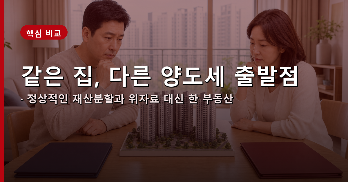 재산분할과 위자료 부동산 이전에서 집을 주는 사람의 양도소득세가 달라지는 구조를 비교한 이미지