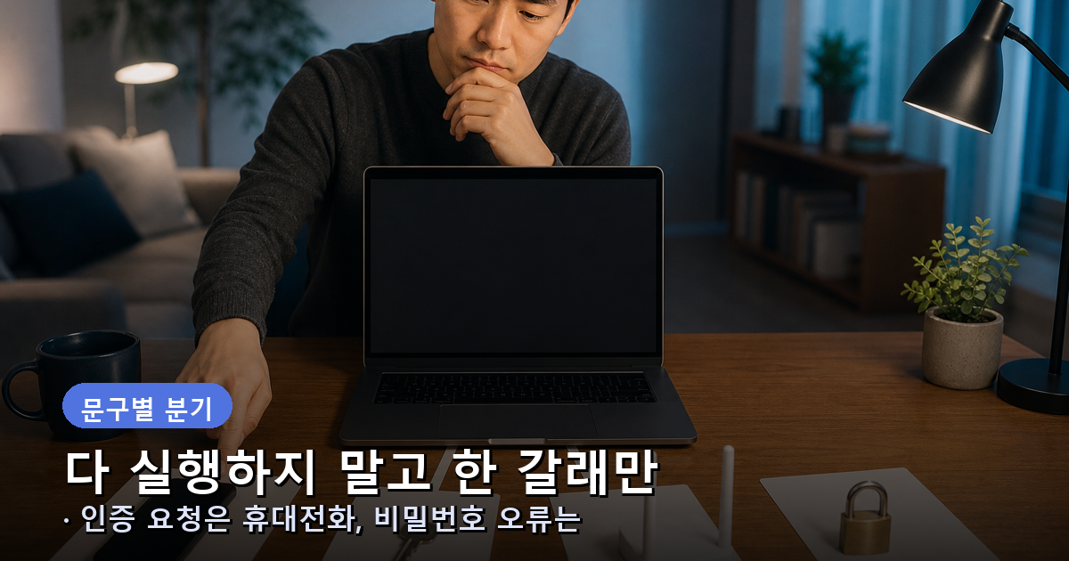 카카오톡 PC 로그인 화면 문구별 첫 행동 네 가지를 보여주는 진단 분기 이미지