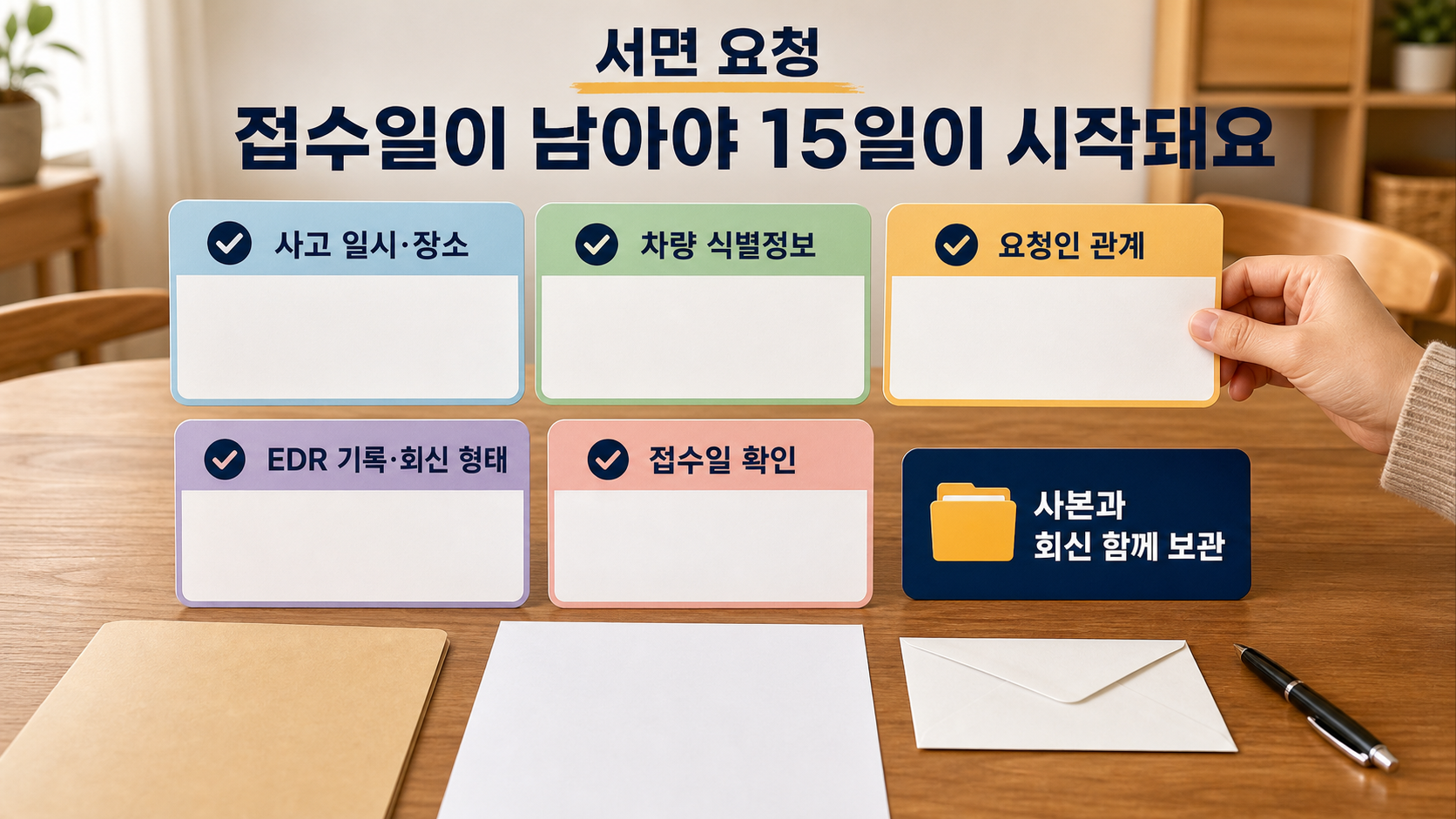 제작사에 보낼 사고기록장치 기록 요청서에 넣을 항목과 접수일이 남는 발송 방법을 보여주는 이미지