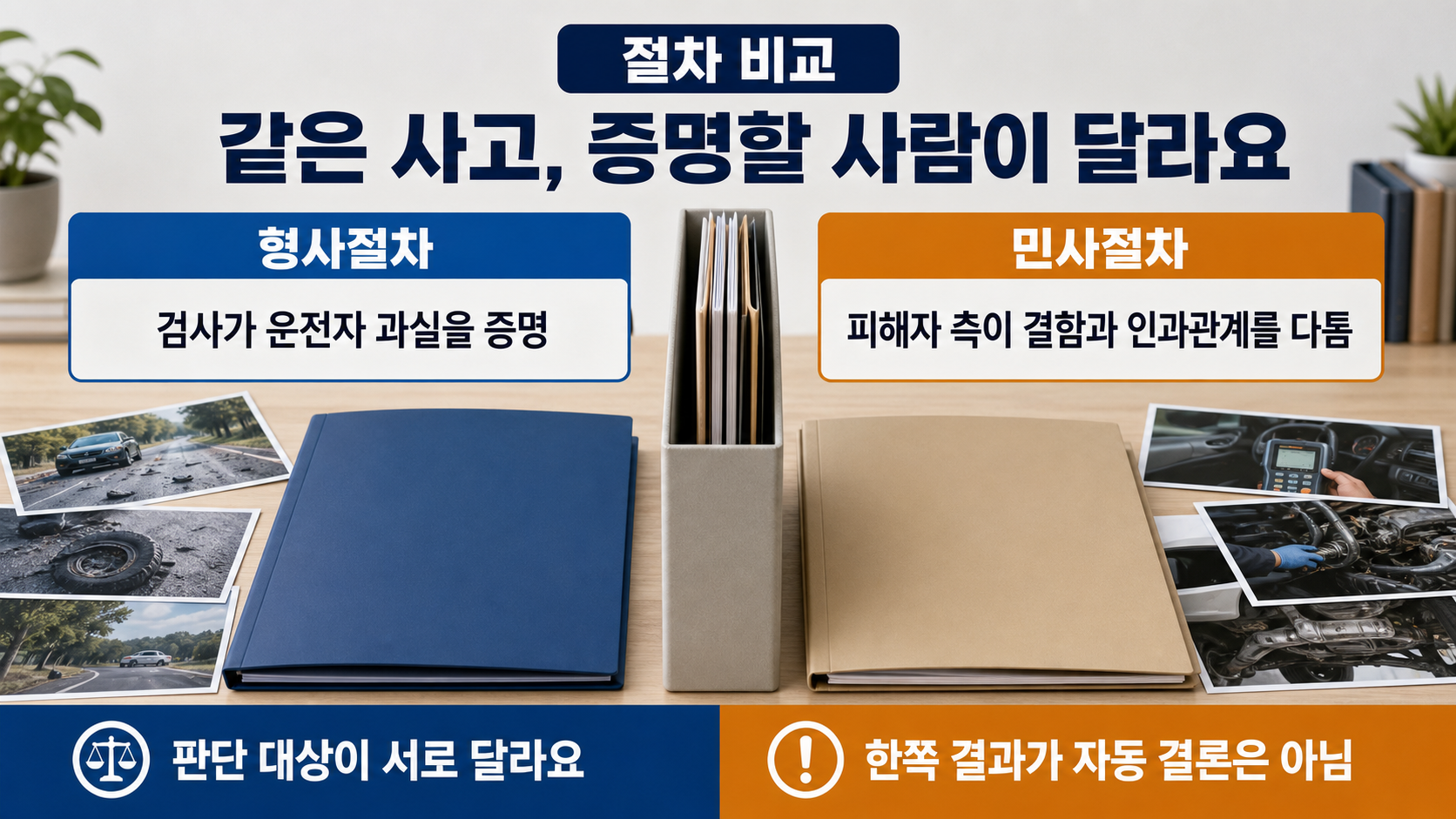 형사절차와 민사절차에서 증명할 사람이 어떻게 갈리는지 비교해 보여주는 이미지