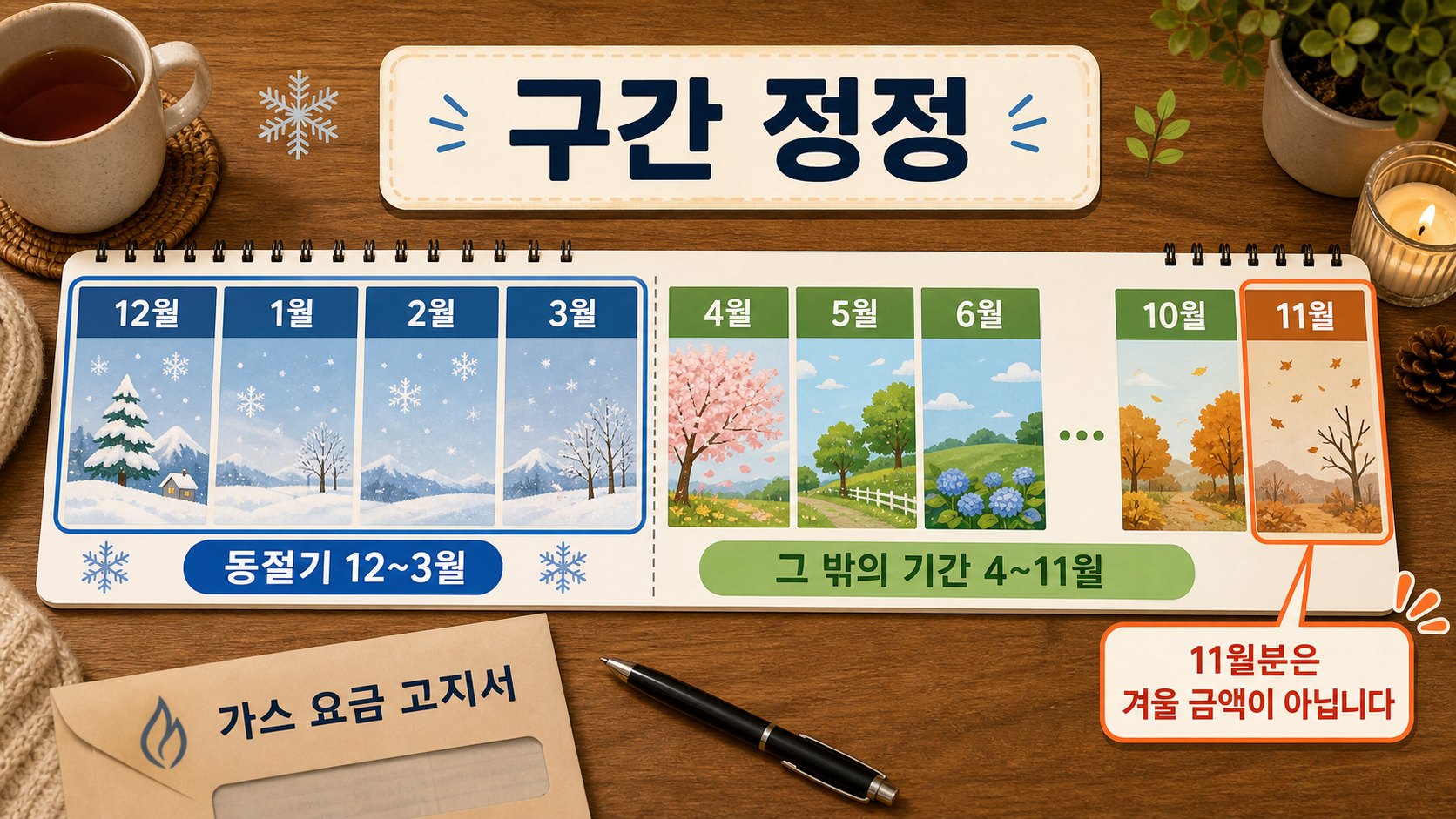 동절기 12~3월과 그 밖의 기간 4~11월을 달력으로 대조해 11월분 오해를 바로잡는 이미지