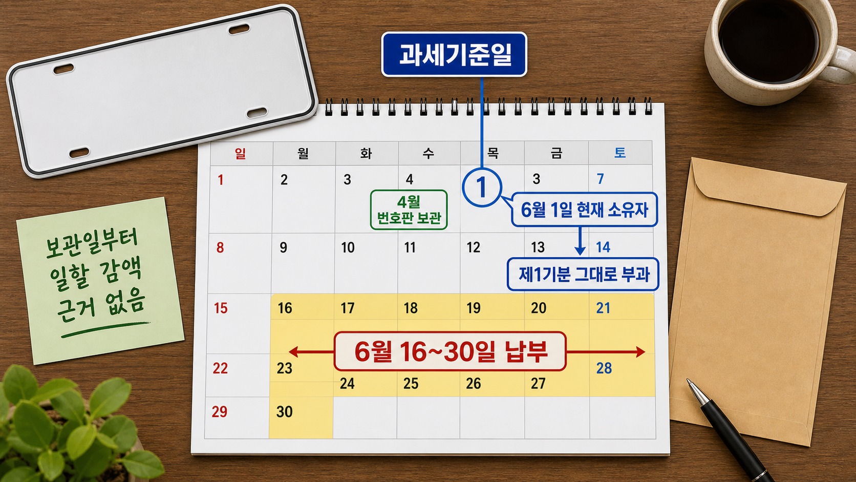 4월 번호판 반납 메모와 6월 1일 과세기준일이 함께 표시된 달력으로 자동차세 부과 시점을 보여주는 이미지