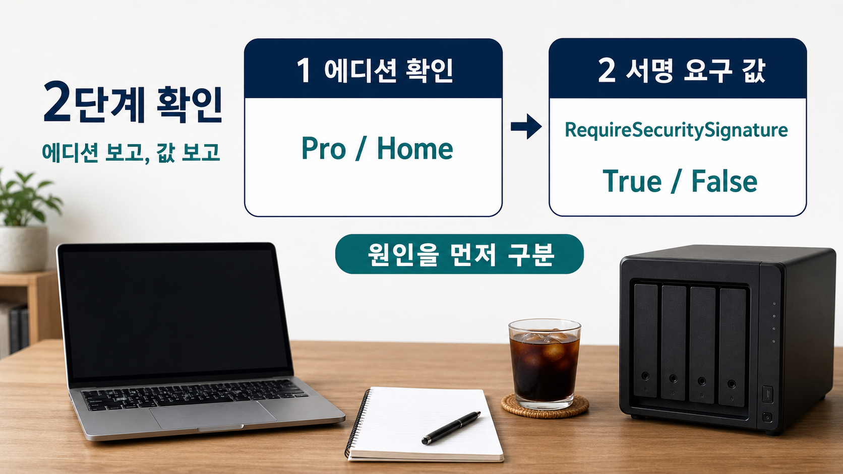 노트북 화면에서 윈도우 에디션과 SMB 서명 요구 값 두 가지를 차례로 확인하는 장면