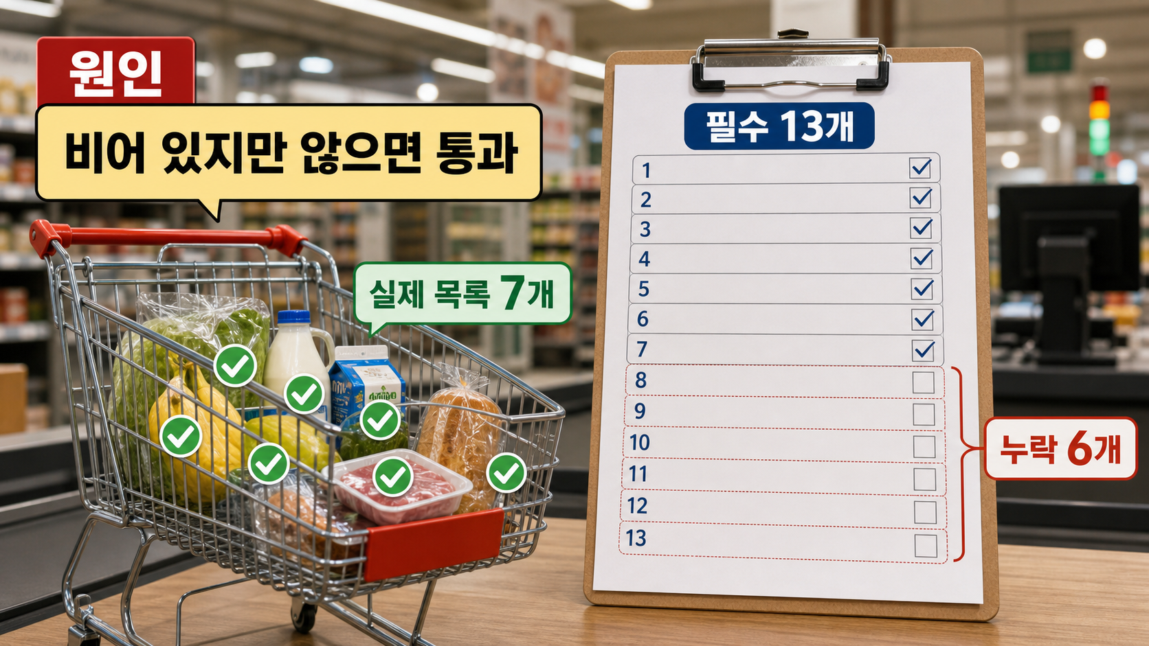 13칸 목록 중 7칸만 담긴 카트가 계산대를 통과하는 장면으로 헐거운 판정 기준을 보여주는 이미지