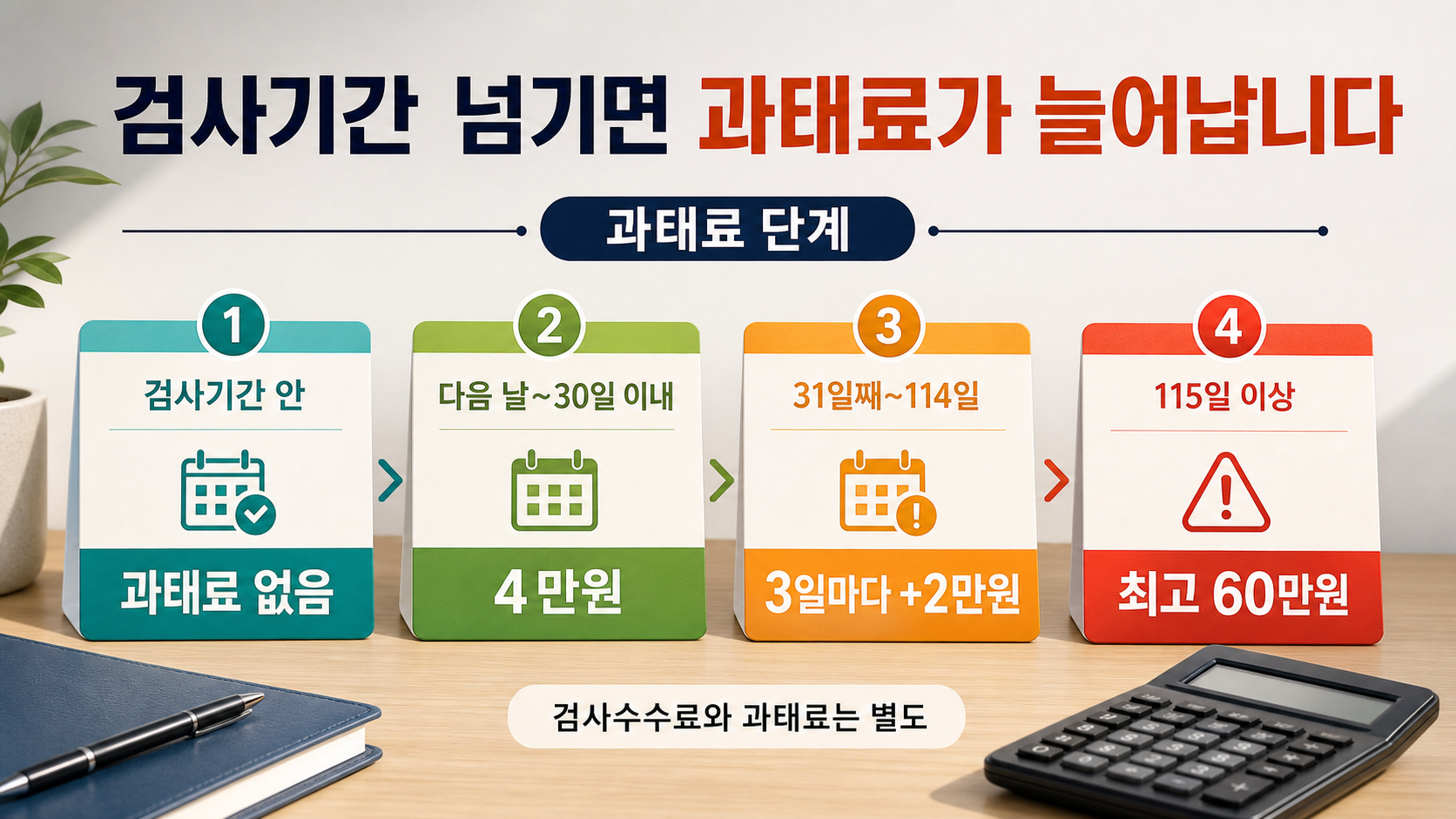 검사기간을 넘길수록 늘어나는 과태료 3단계를 비교하는 장면