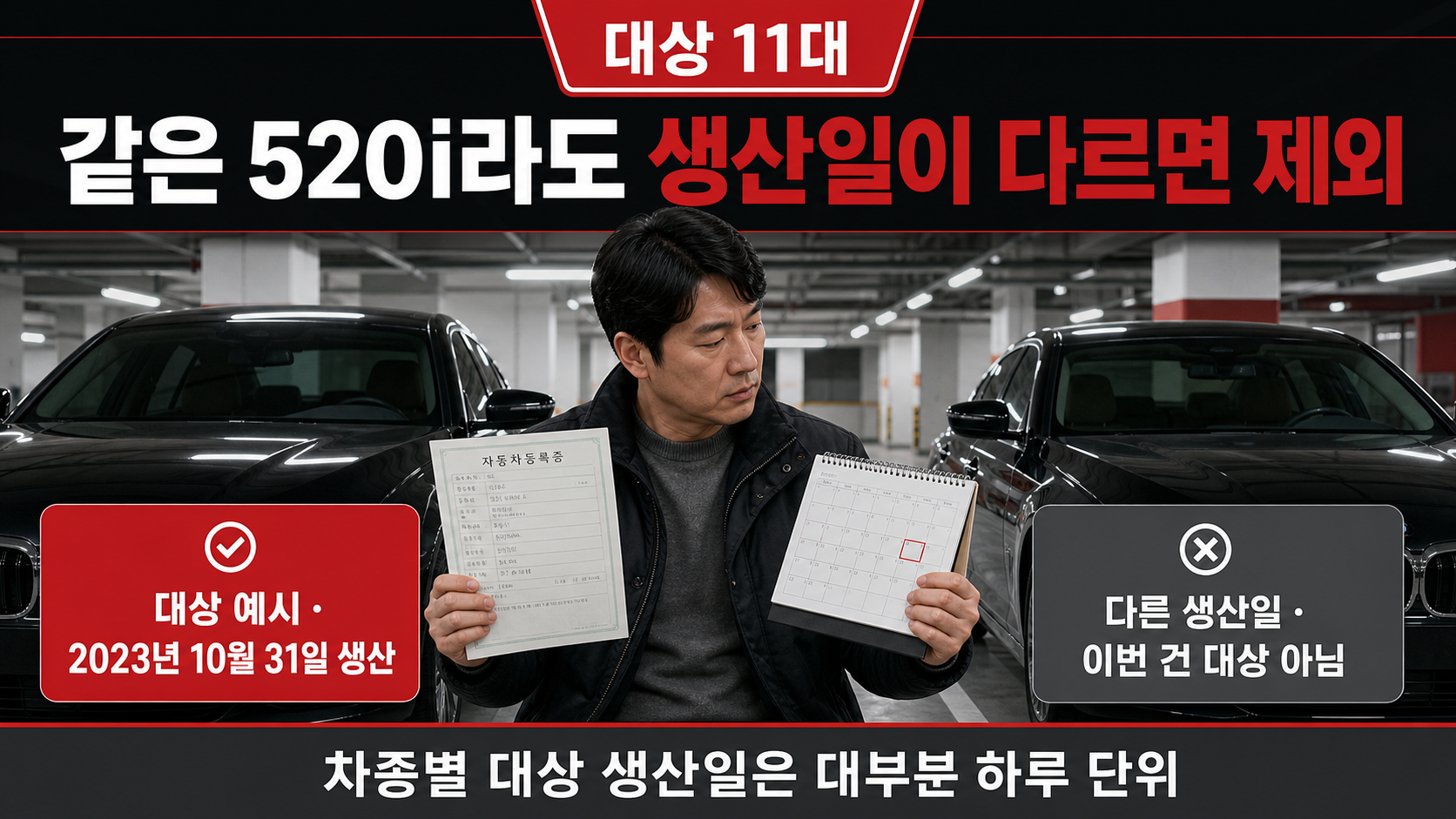 같은 차종이라도 생산일에 따라 리콜 대상이 갈린다는 것을 보여주는 비교 장면