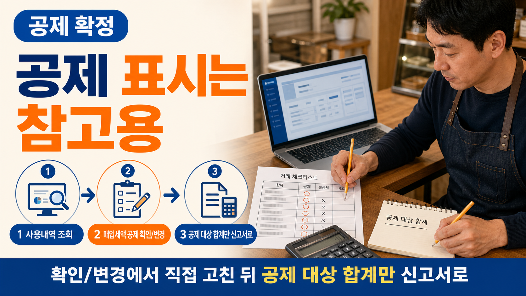 매입세액 공제 확인/변경 절차에 맞춰 거래별 공제 여부를 직접 표시하고 합계를 옮겨 적는 장면