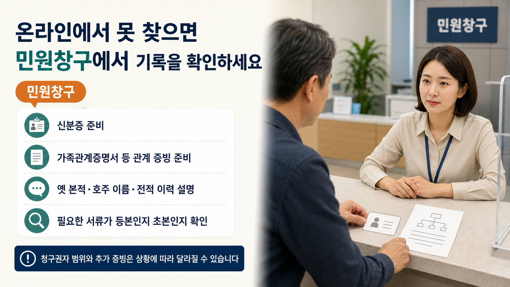 신분증과 가족관계증명서를 들고 민원창구를 방문하는 장면
