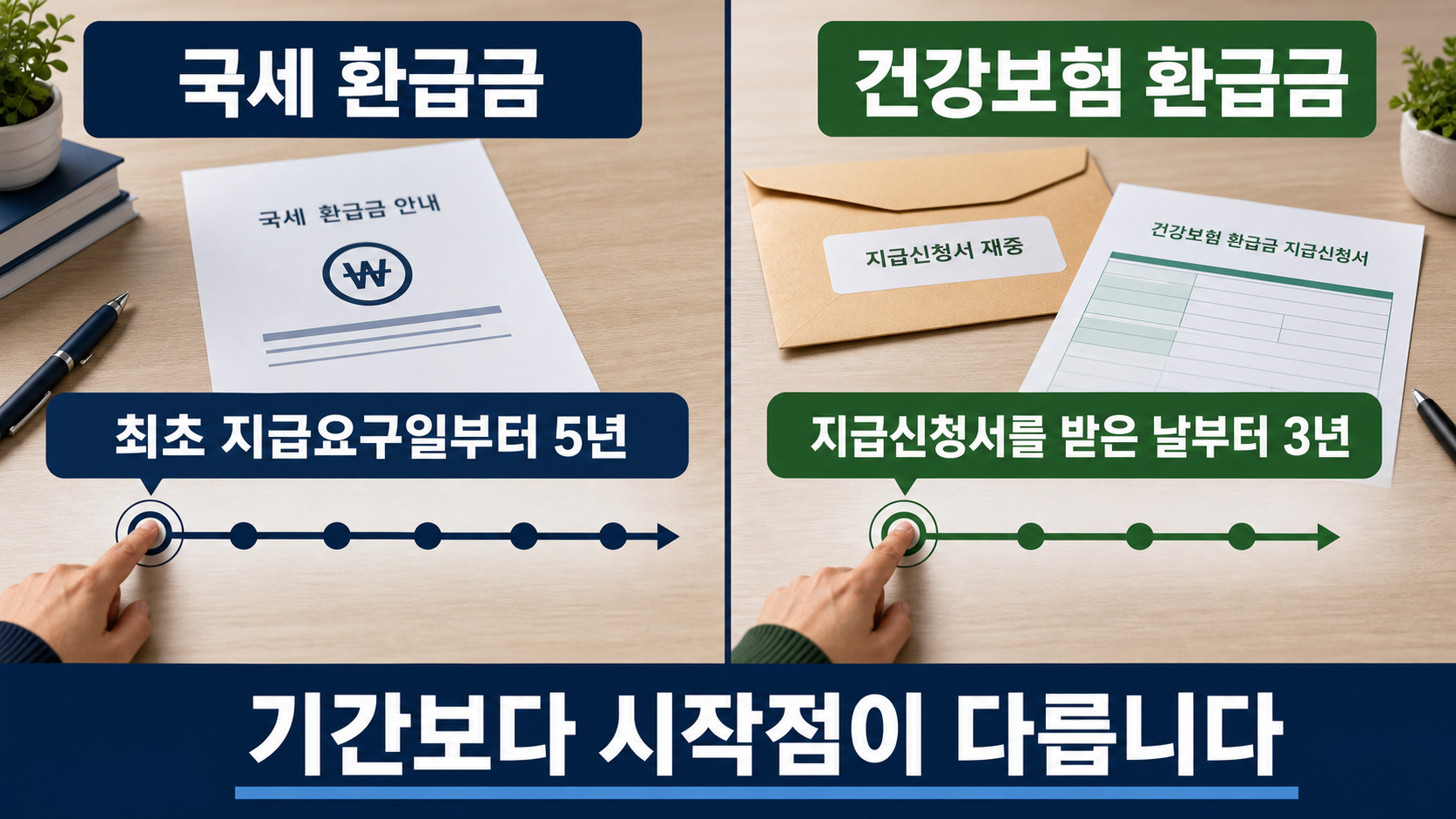 국세 환급금 5년 기준과 건강보험 환급금 3년 기준의 시작점 차이를 비교하는 이미지