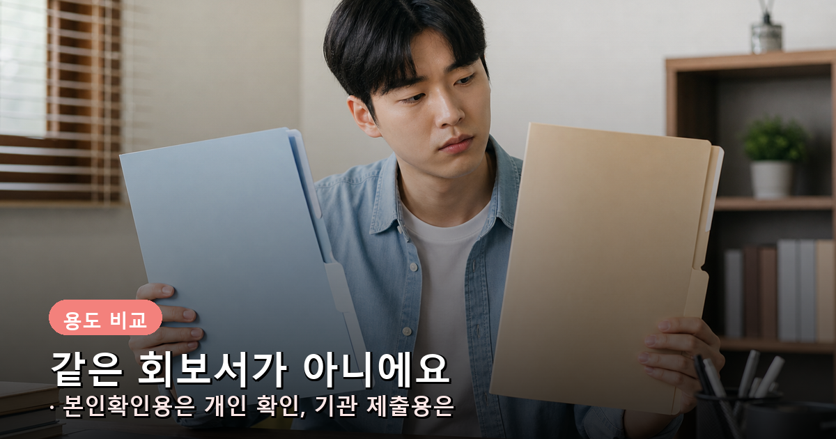 본인확인용은 개인 확인, 기관 제출용은 지정 시설 절차라는 차이를 보여주는 비교 이미지