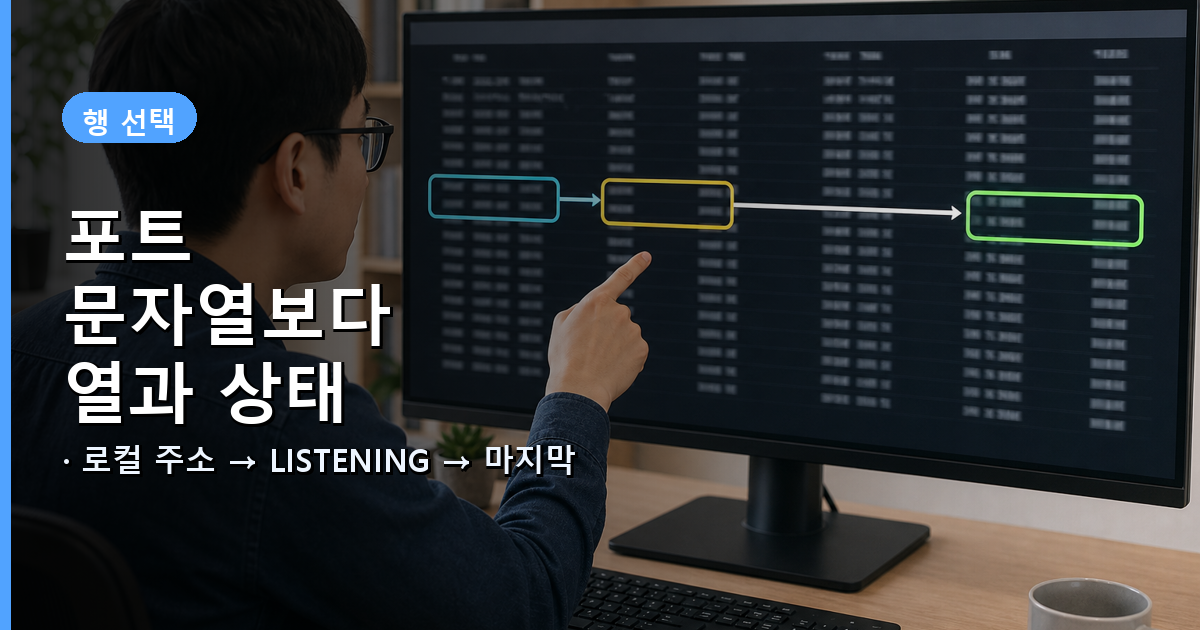 netstat 결과에서 로컬 주소의 대상 포트와 LISTENING 상태를 확인해 PID를 고르는 순서