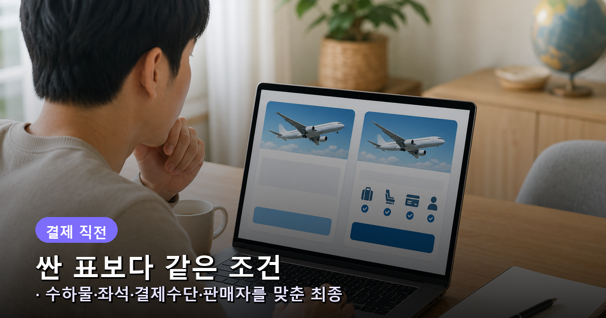 항공권 두 개를 같은 수하물·좌석·결제수단 조건으로 맞춰 최종 결제금액을 비교하는 과정