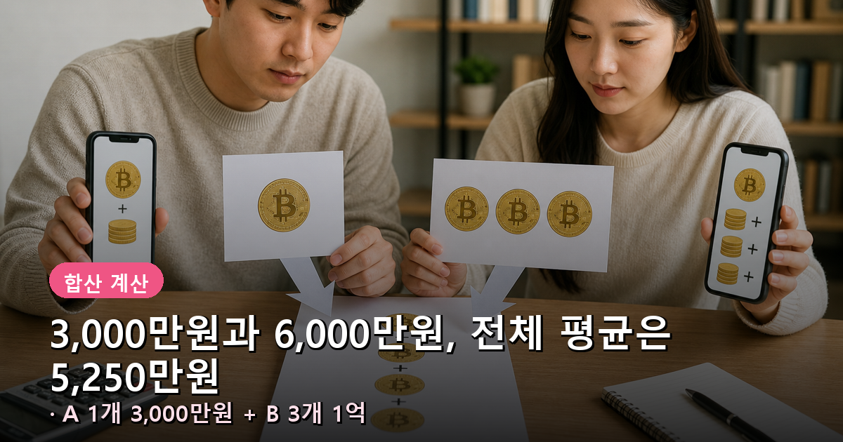 거래소 두 곳에서 산 비트코인 4개의 총평균 단가 5,250만원 계산 과정