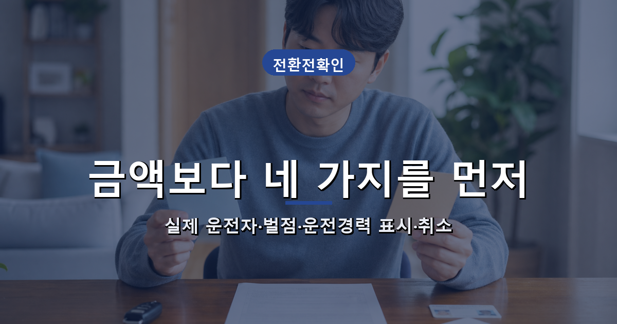 과태료 납부와 범칙금 전환을 실제 운전자, 벌점, 운전경력 표시, 취소 가능 여부로 비교한 이미지