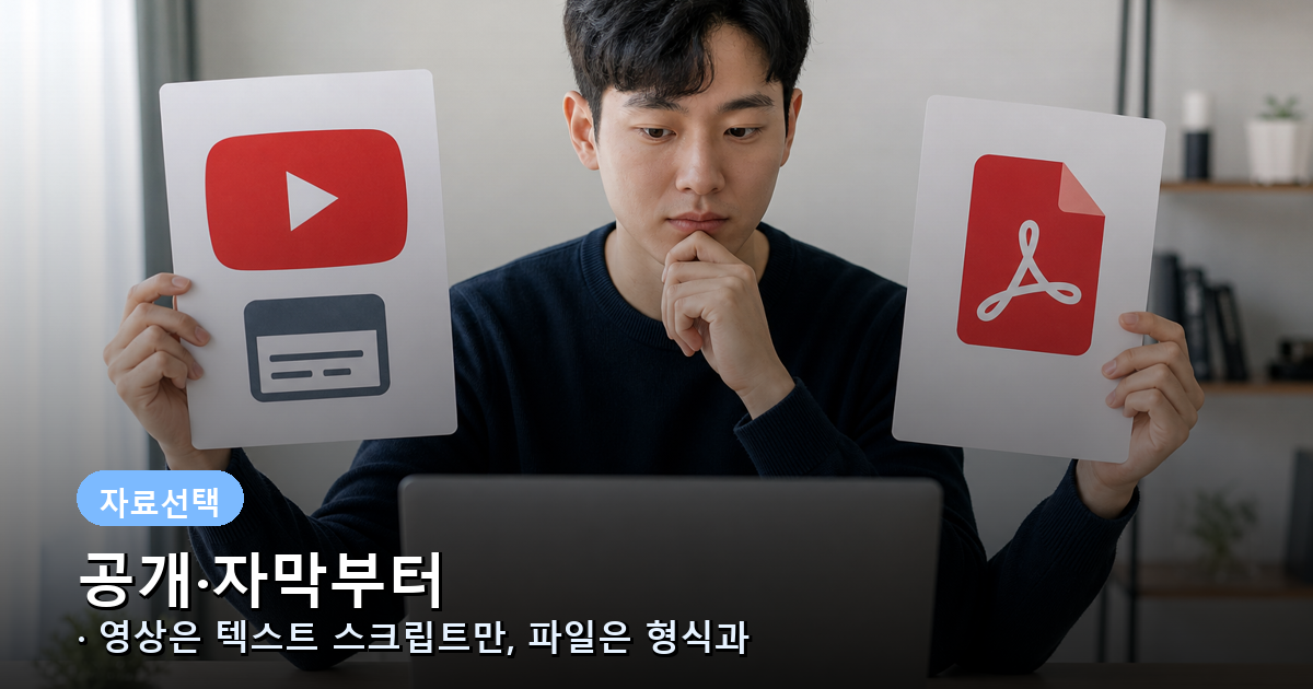 공개 자막 유튜브와 PDF의 출처 추가 조건을 비교하는 장면