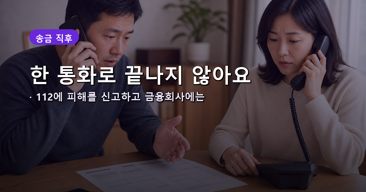 송금 직후 112 신고와 금융회사 지급정지를 따로 요청하는 두 단계 안내 이미지