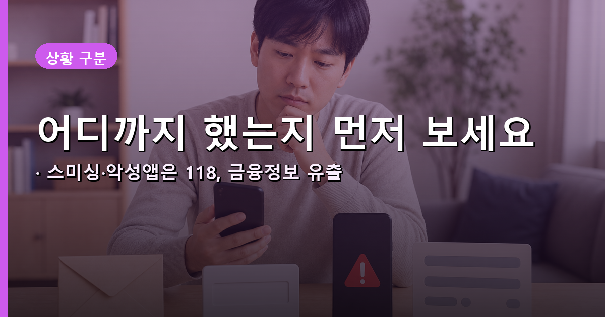의심 링크, 금융정보 입력, 악성앱 감염 의심, 송금 피해에 따라 연락할 곳을 구분하는 안내 이미지