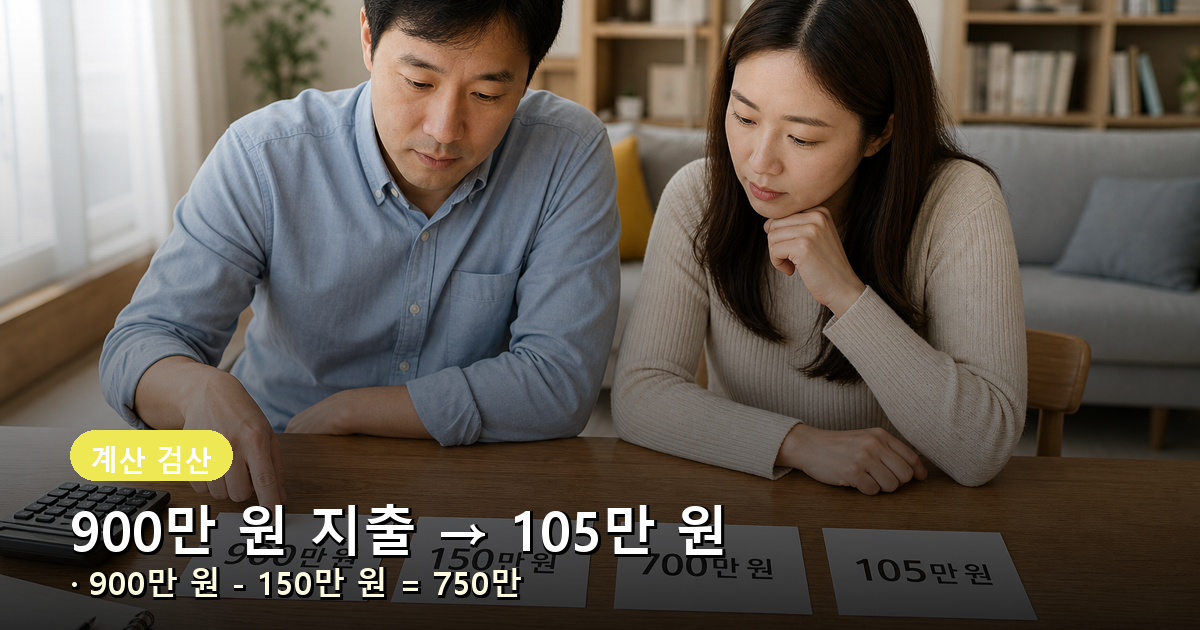 총급여 5,000만 원과 일반 부양가족 의료비 900만 원으로 세액공제 계산액 105만 원을 구하는 과정