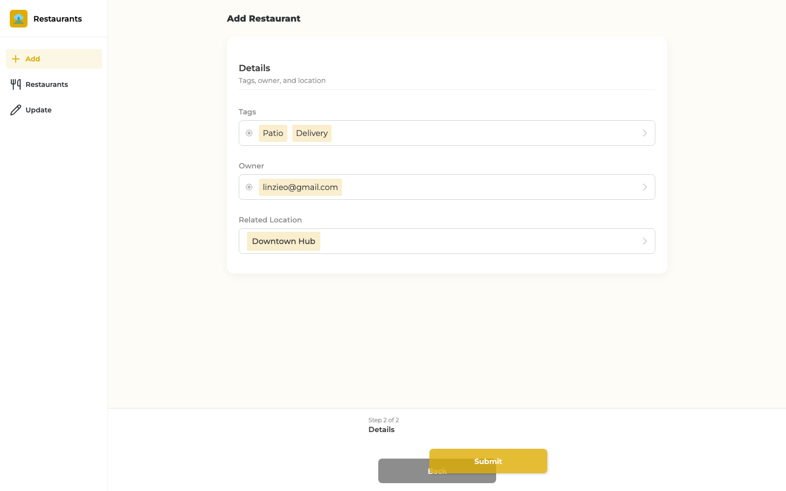 Published app — Details step with Submit