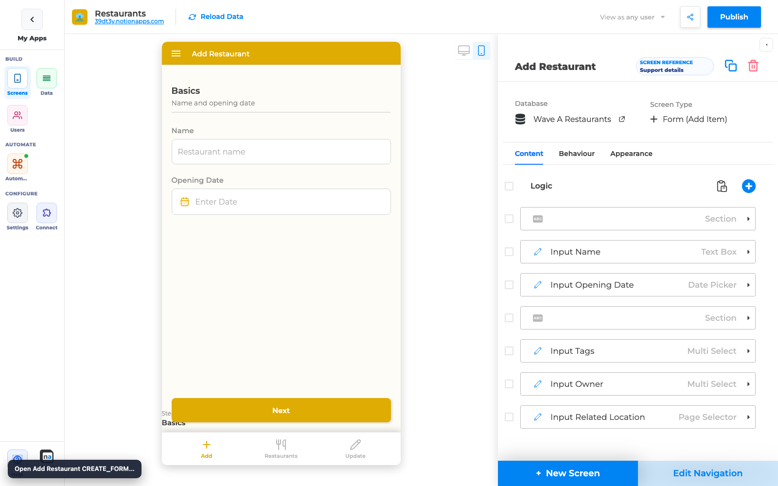 Create Form open in the builder with sectioned Add Restaurant layout