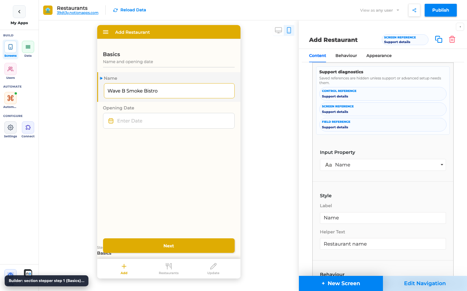 Builder preview on step 1 — Basics section with Name and Opening Date